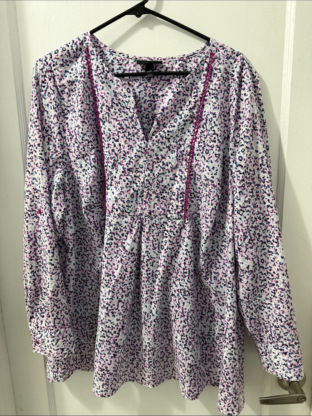 Lane Bryant White Blouse with Pink and Blue Micro-Print